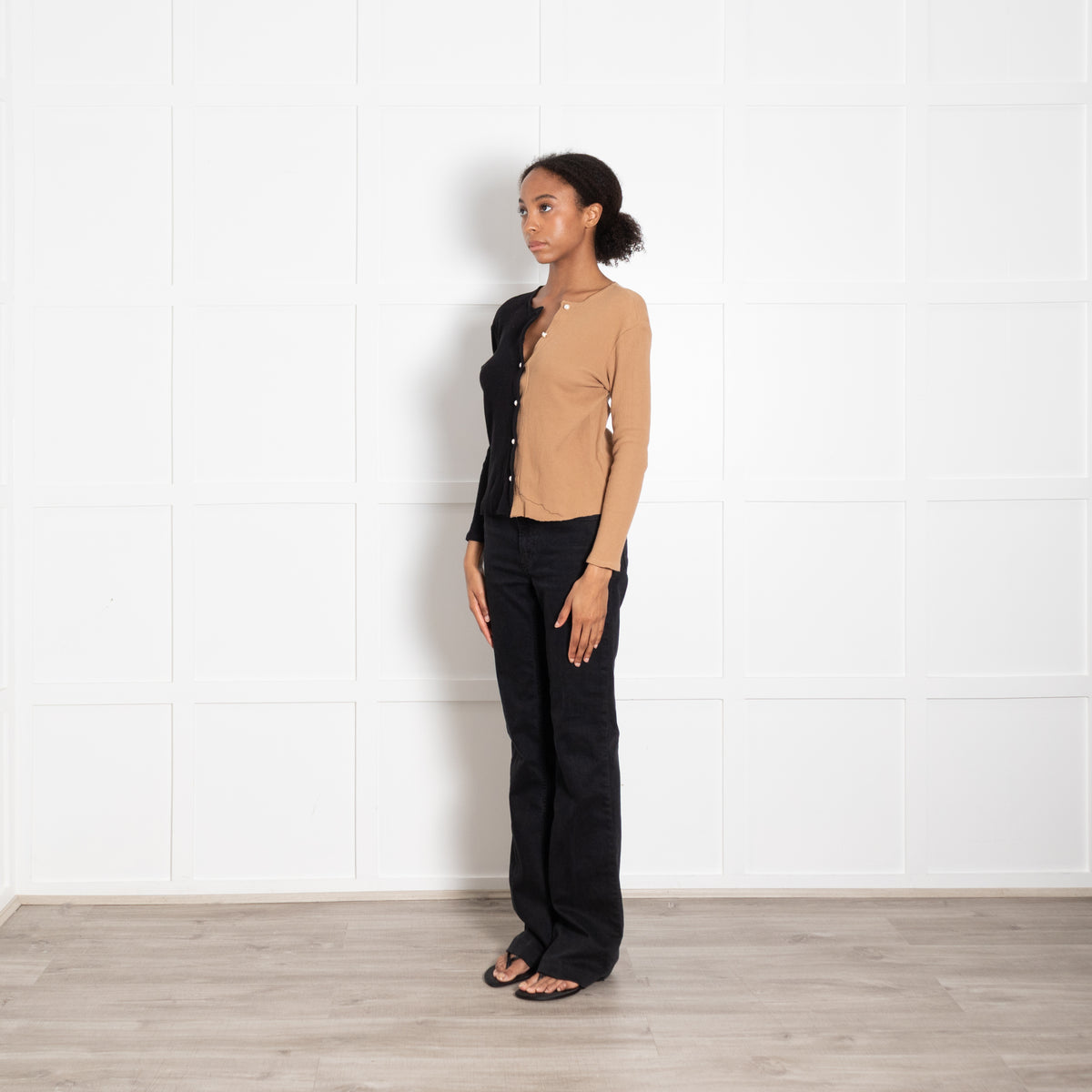 DONNI Black And Tan Half And Half Top With Pearl Buttons