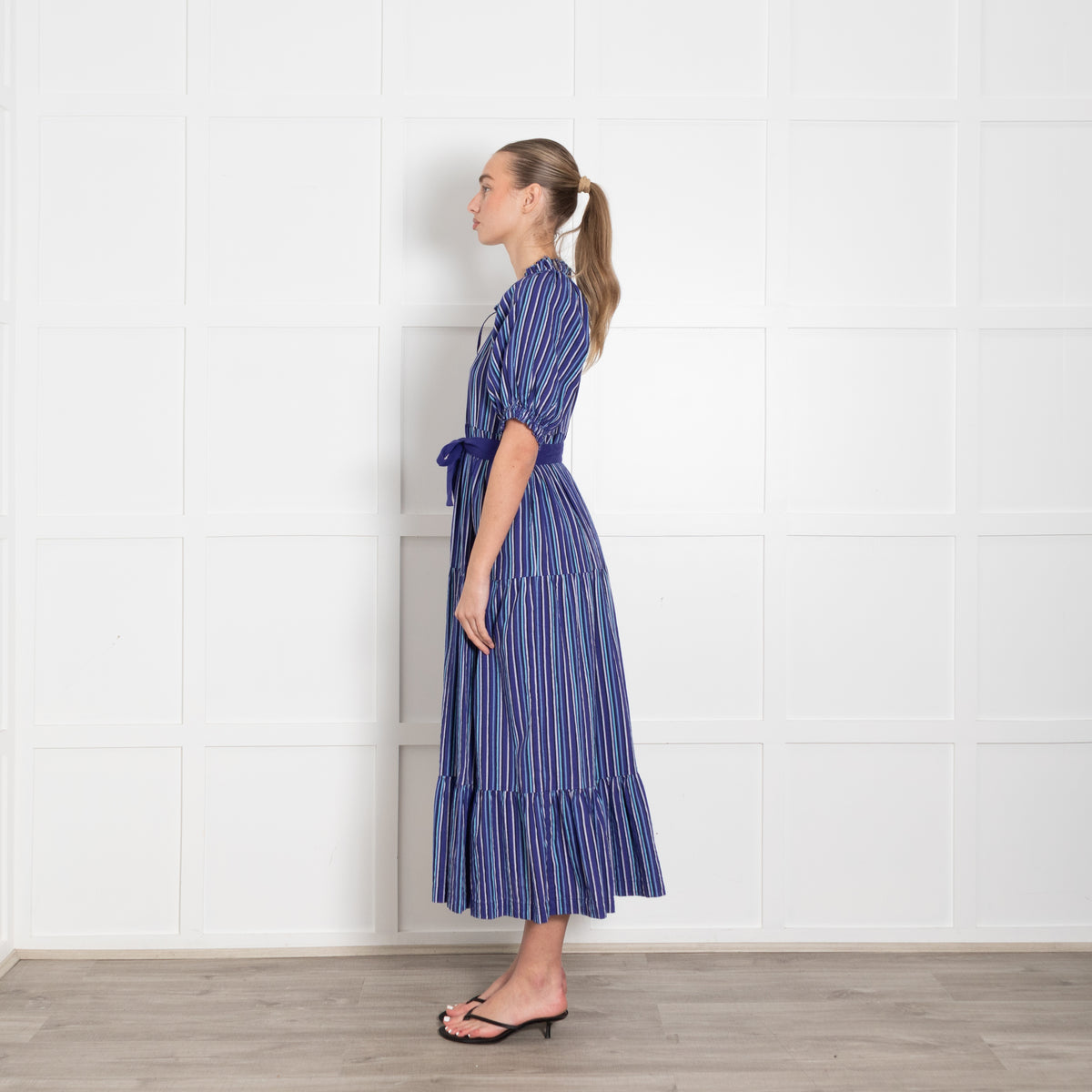 Mii Purple Blue Striped Tiered Cotton Belted Maxi Dress