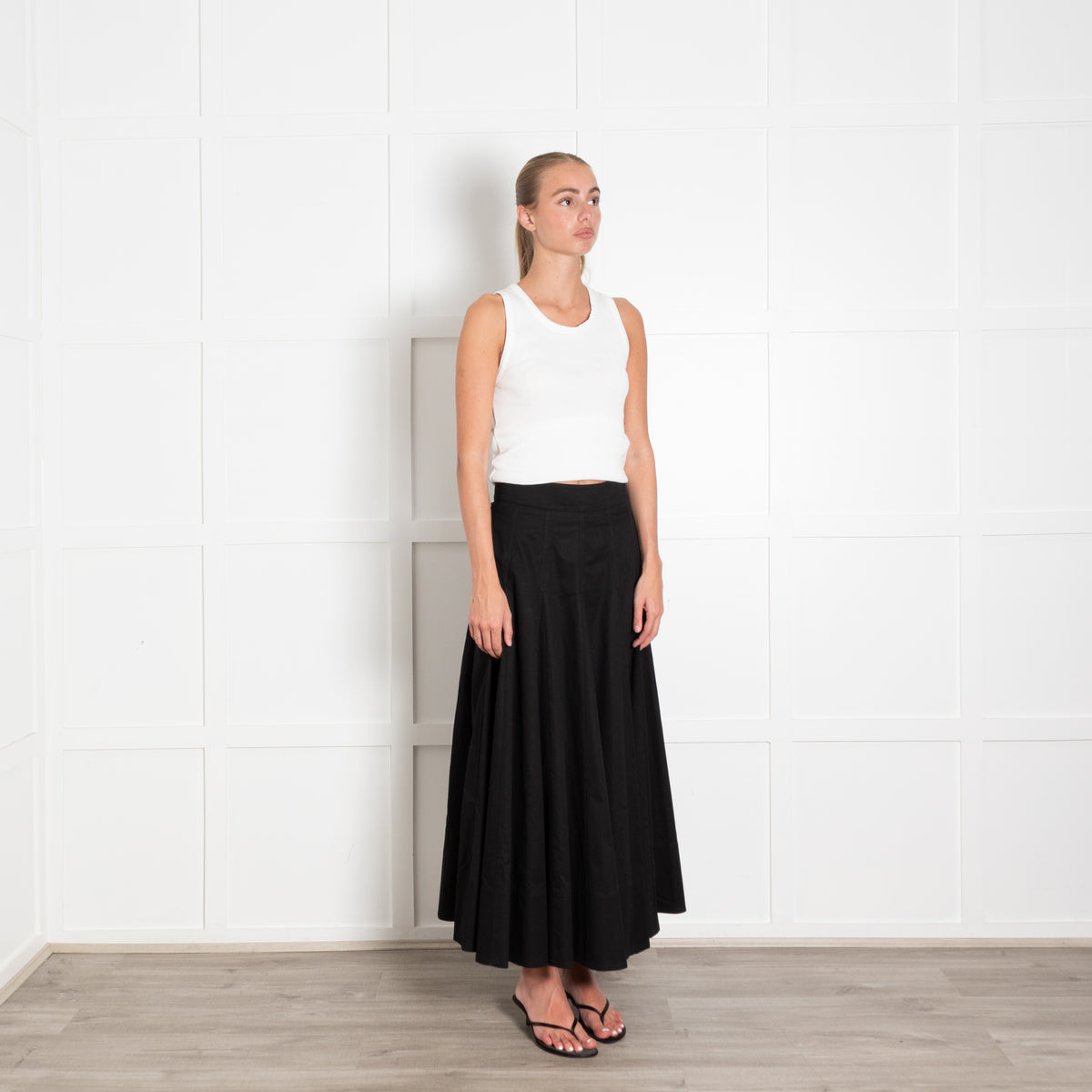 Me + Em Black Cotton Pleated Maxi Skirt