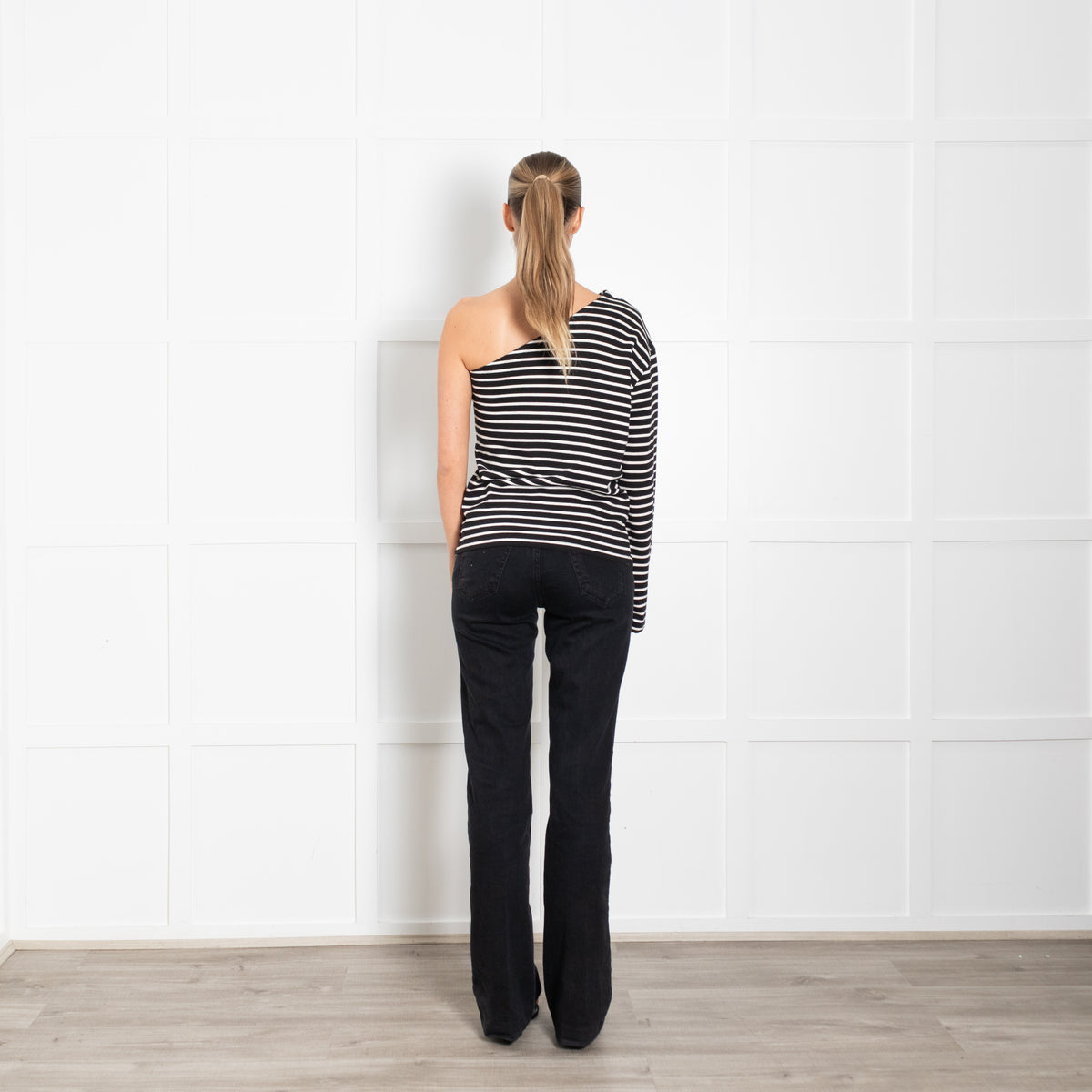 The Frankie Shop Navy White Striped One Shoulder T-Shirt