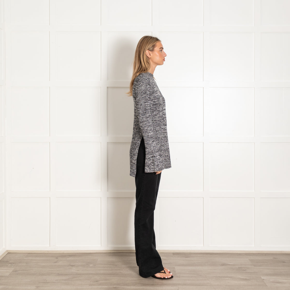 Victoria by Victoria Beckham Black and White Ribbed Side Slit Long Jumper