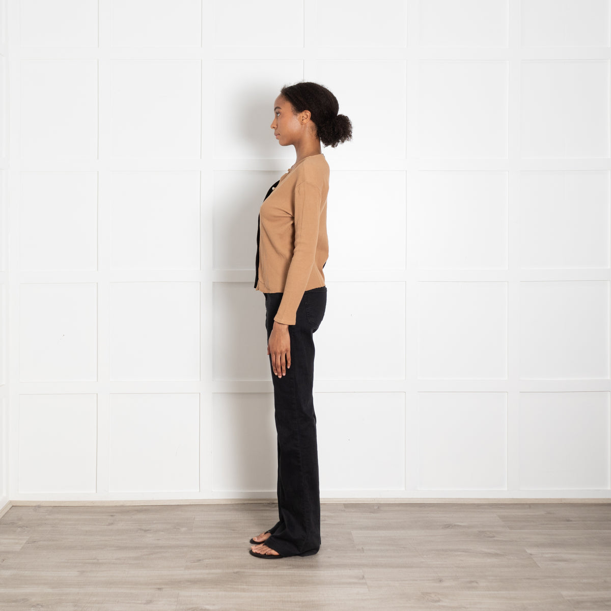 DONNI Black And Tan Half And Half Top With Pearl Buttons