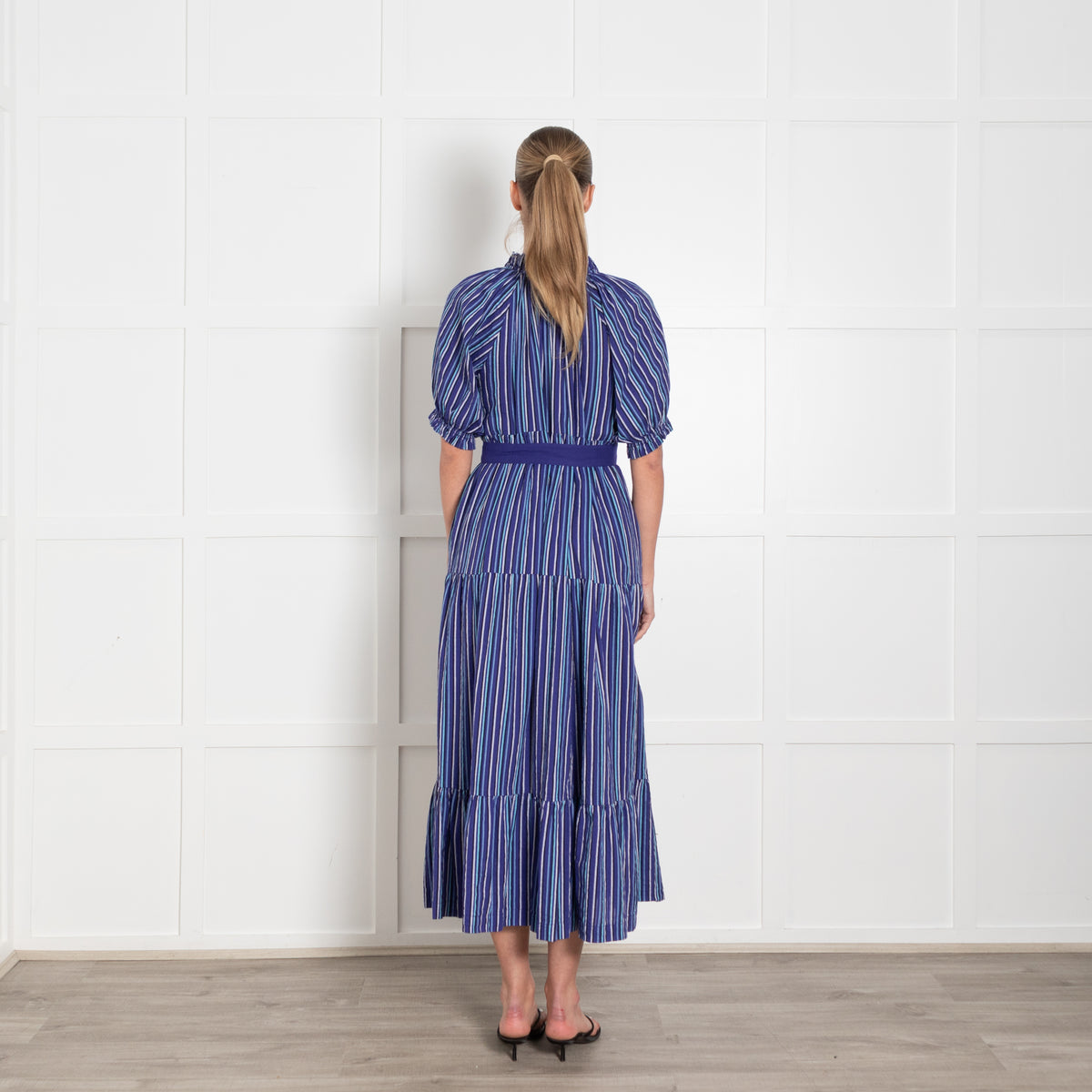 Mii Purple Blue Striped Tiered Cotton Belted Maxi Dress