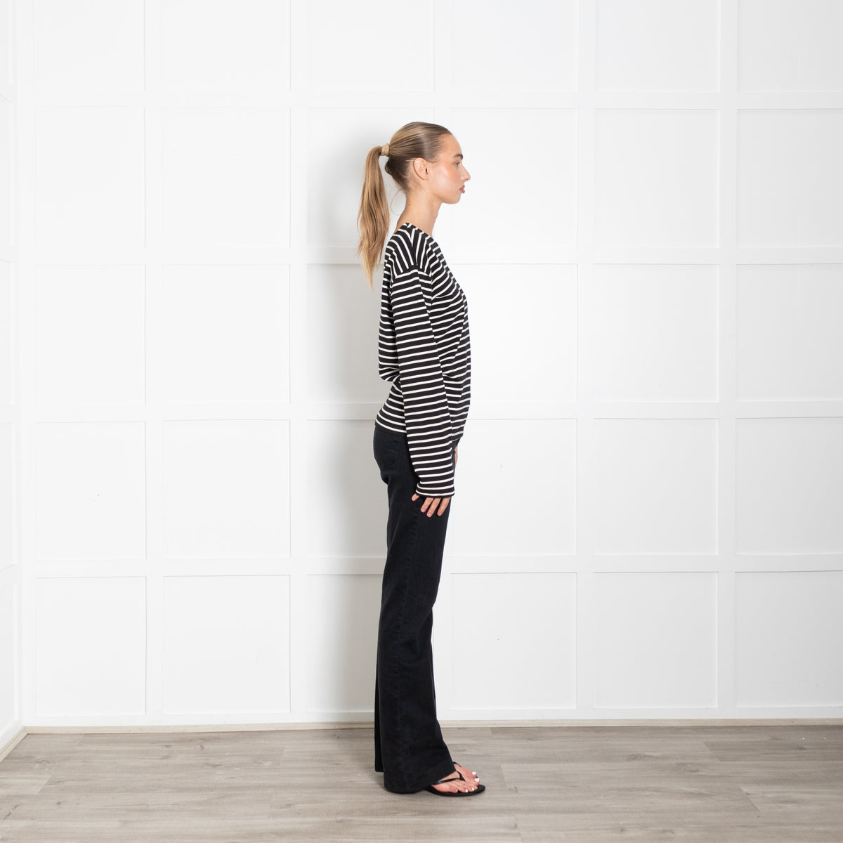 The Frankie Shop Navy White Striped One Shoulder T-Shirt