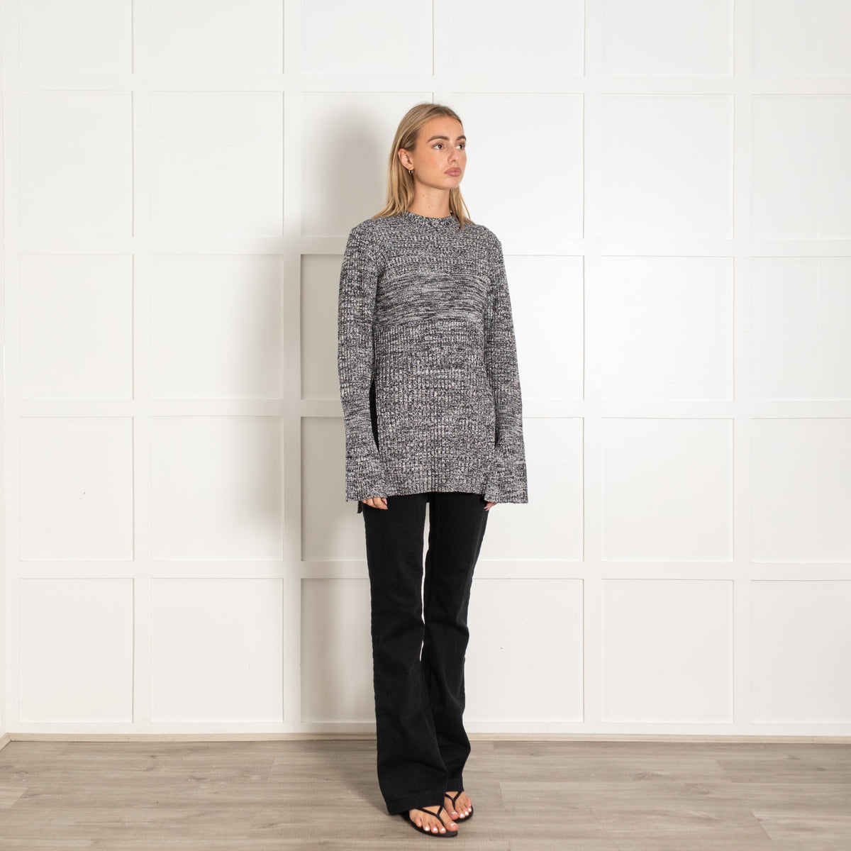 Victoria by Victoria Beckham Black and White Ribbed Side Slit Long Jumper