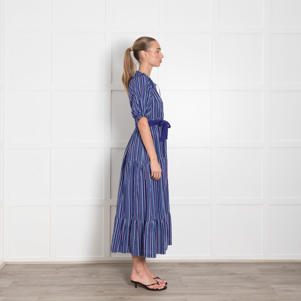 Mii Purple Blue Striped Tiered Cotton Belted Maxi Dress