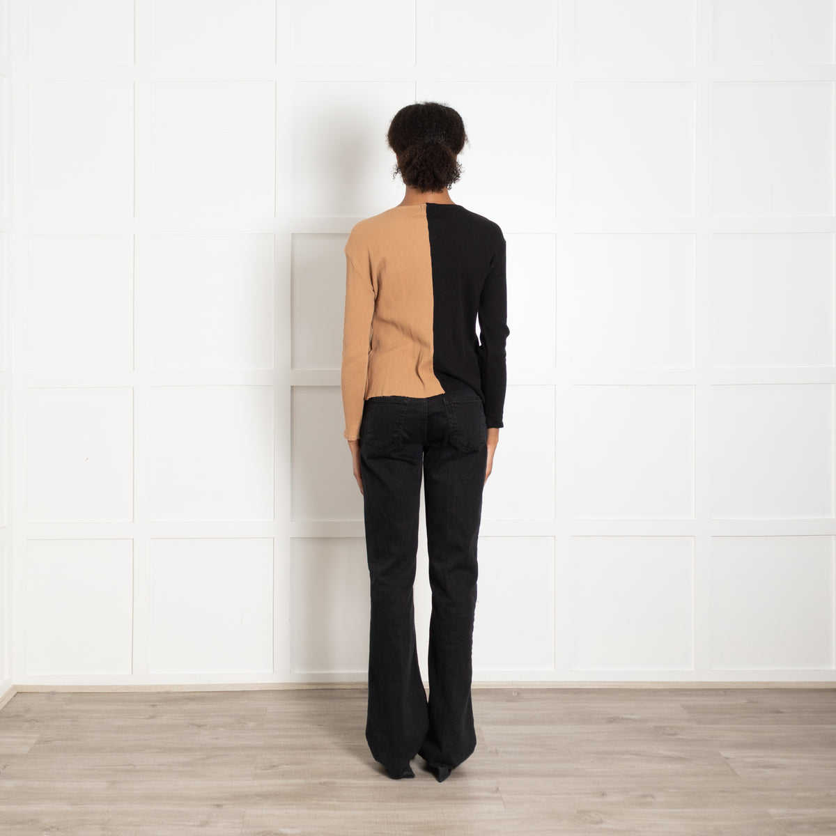 DONNI Black And Tan Half And Half Top With Pearl Buttons