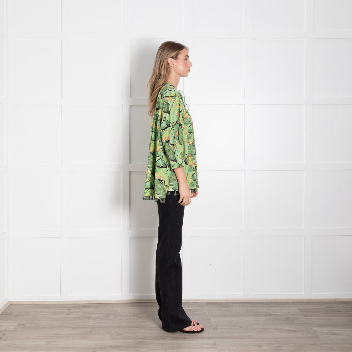 Rose & Rose Green Cotton Leaf Print Top with Gold Embellisment