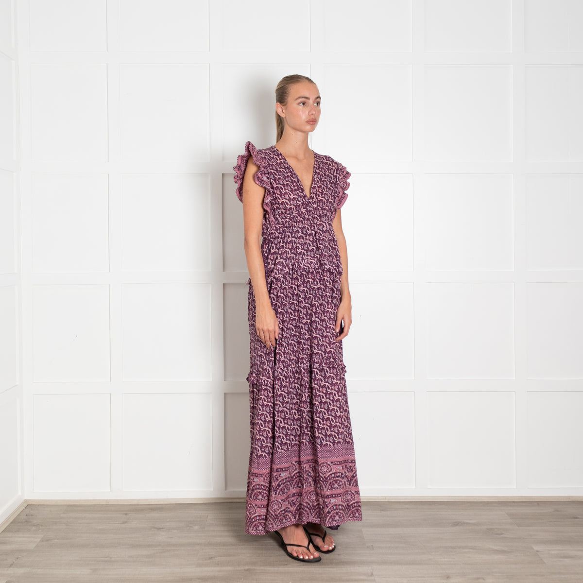 M.A.B.E Purple Cream Paisley Print Frill Detail Maxi Linen Dress