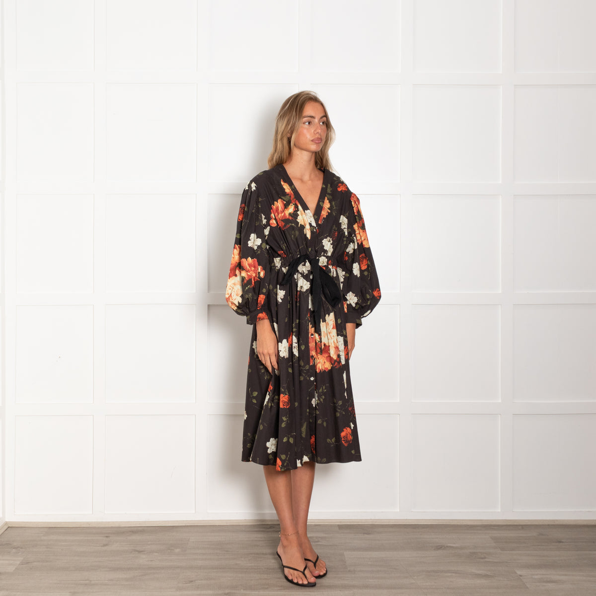 Erdem Black Red White Floral Belted Long Sleeve Dres