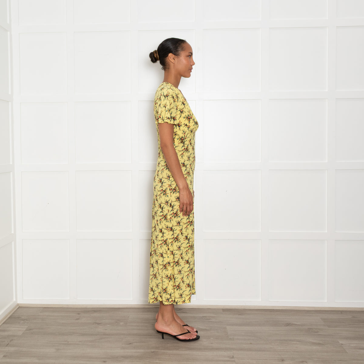 Sandro Yellow Floral Tea Dress with Cap Sleeves