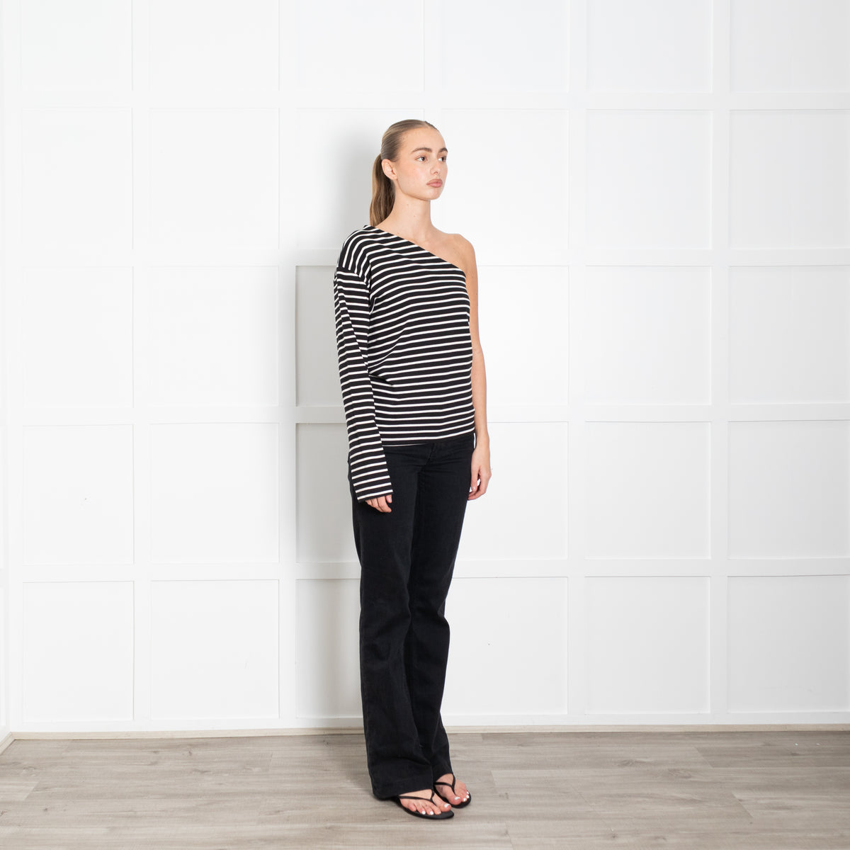 The Frankie Shop Navy White Striped One Shoulder T-Shirt