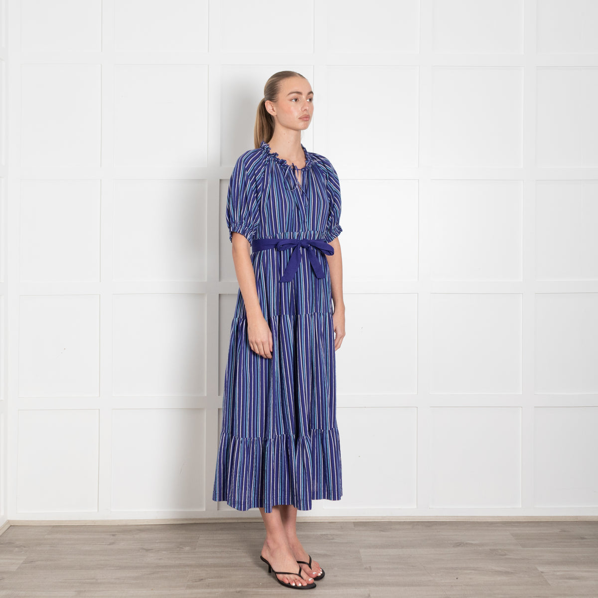 Mii Purple Blue Striped Tiered Cotton Belted Maxi Dress
