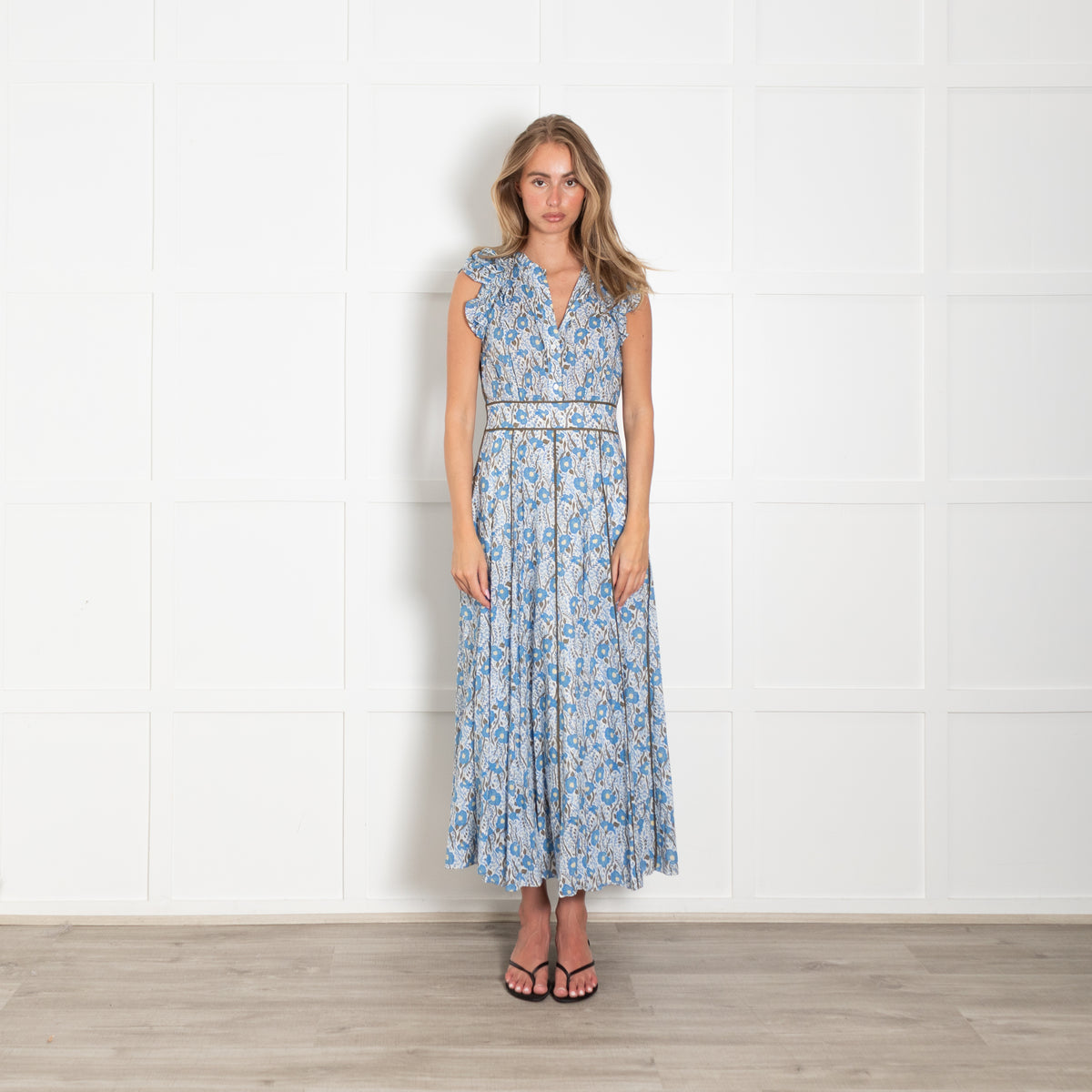 Me + Em Blue And Khaki Garden Print Maxi Dress