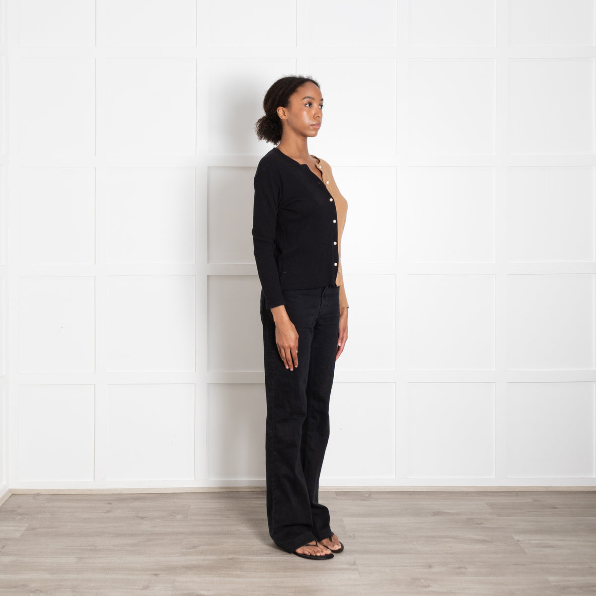 DONNI Black And Tan Half And Half Top With Pearl Buttons