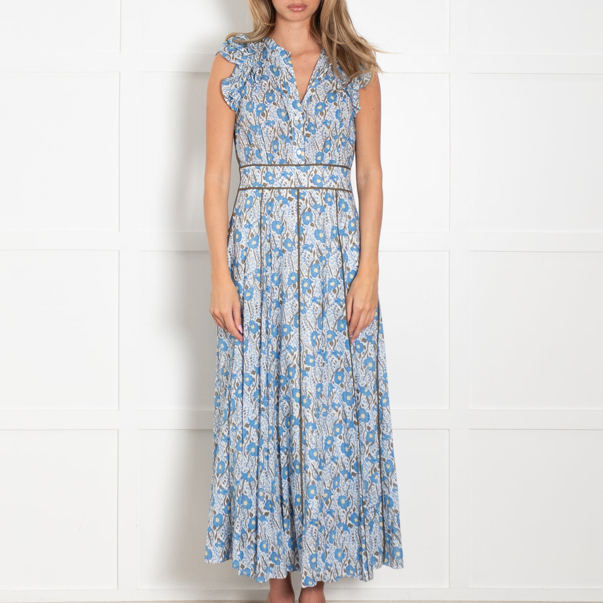 Me + Em Blue And Khaki Garden Print Maxi Dress