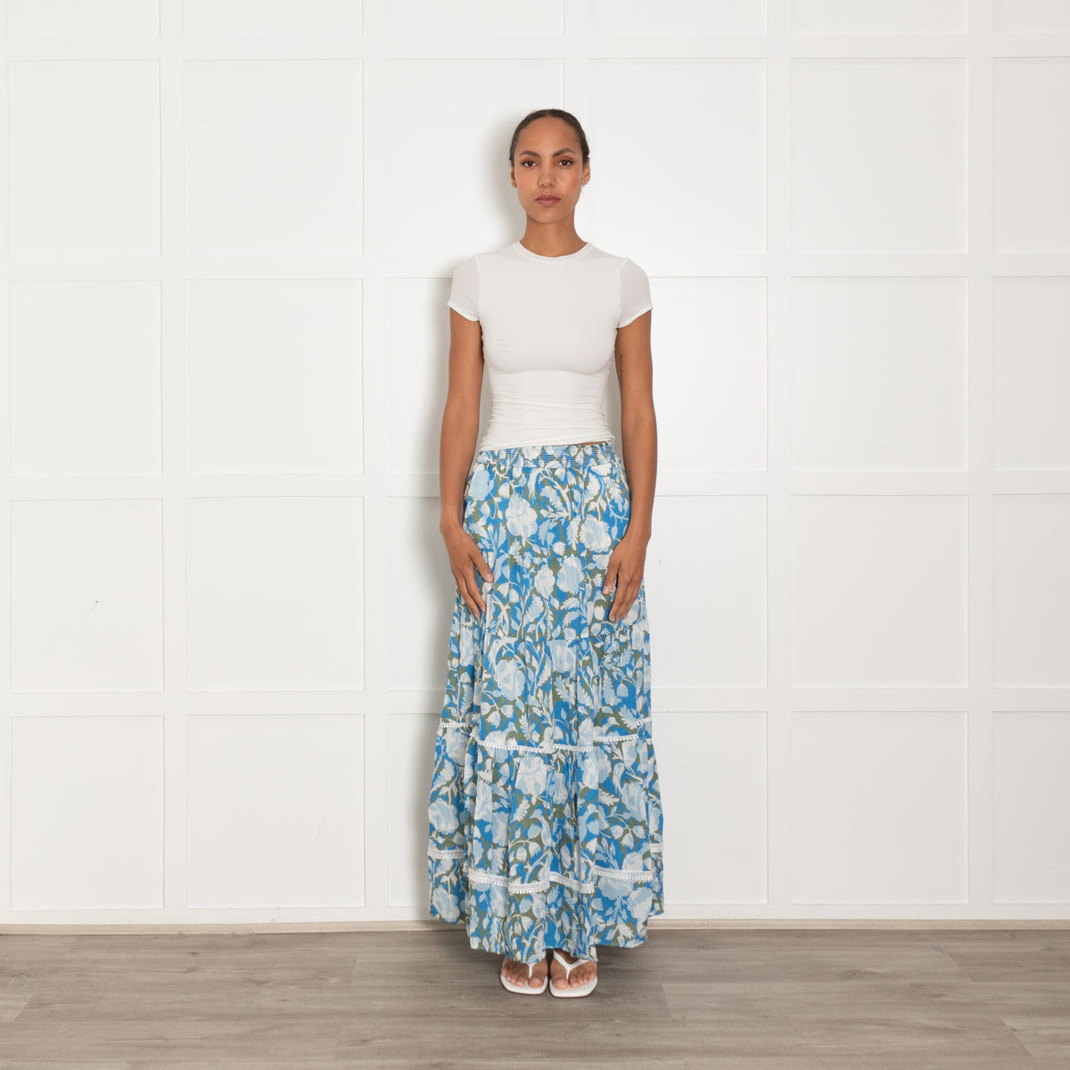 Me + Em Blue Khaki Floral Tiered Maxi Skirt
