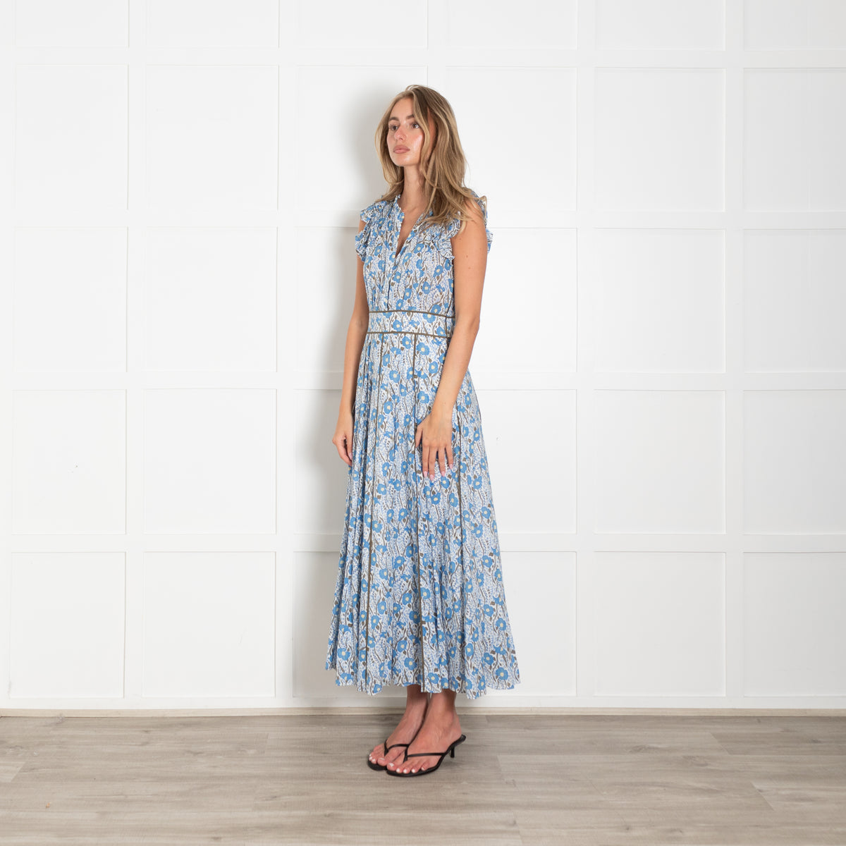 Me + Em Blue And Khaki Garden Print Maxi Dress