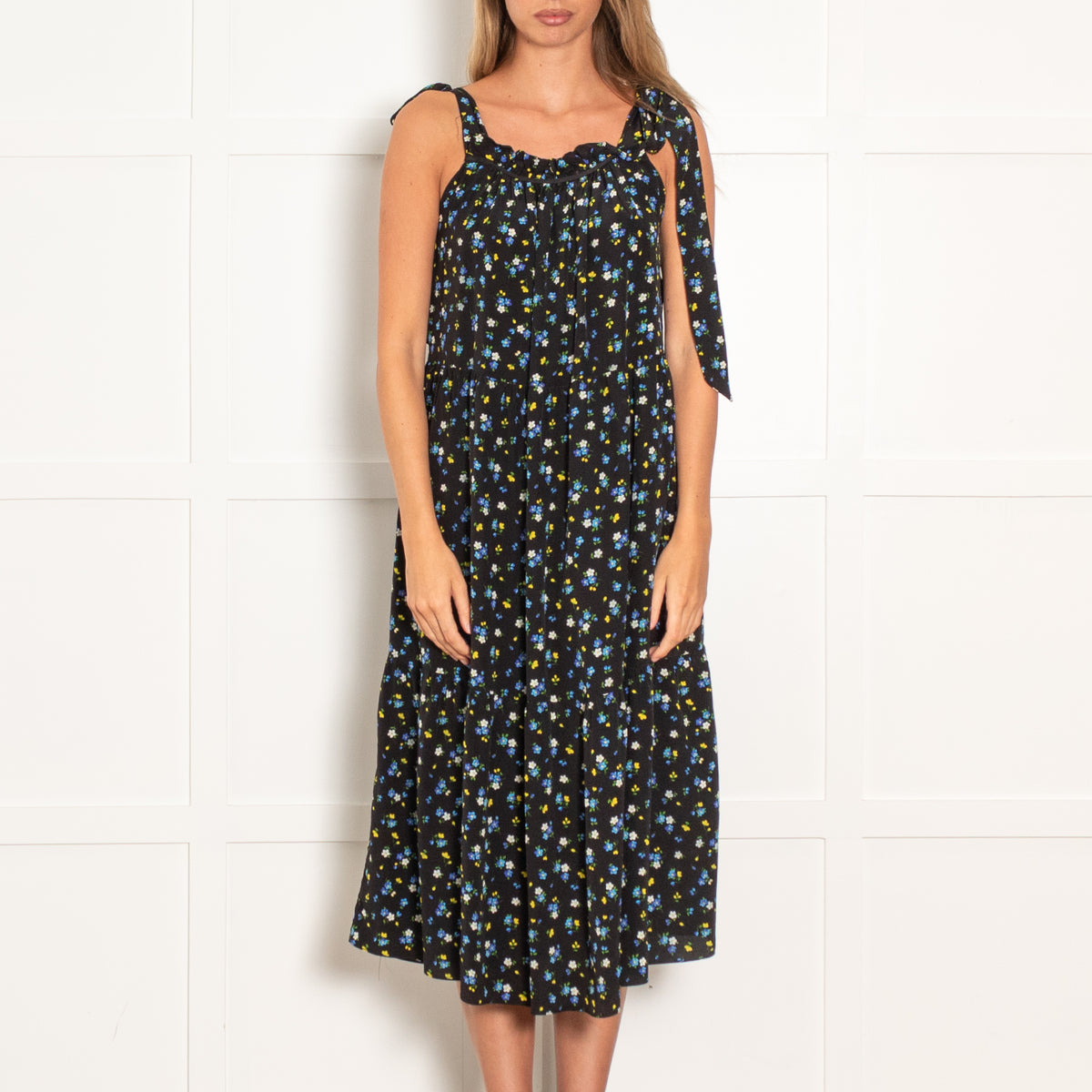Les Reveries Black With Blue Yellow Floral Print Tiered Midi Dress With Shoulder Ties