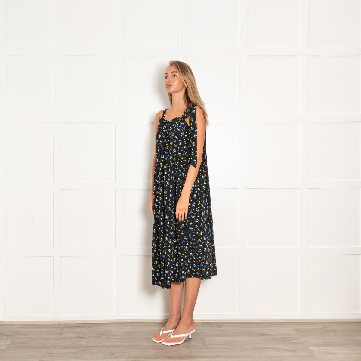 Les Reveries Black With Blue Yellow Floral Print Tiered Midi Dress With Shoulder Ties
