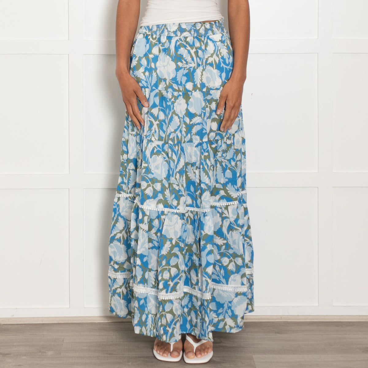 Me + Em Blue Khaki Floral Tiered Maxi Skirt