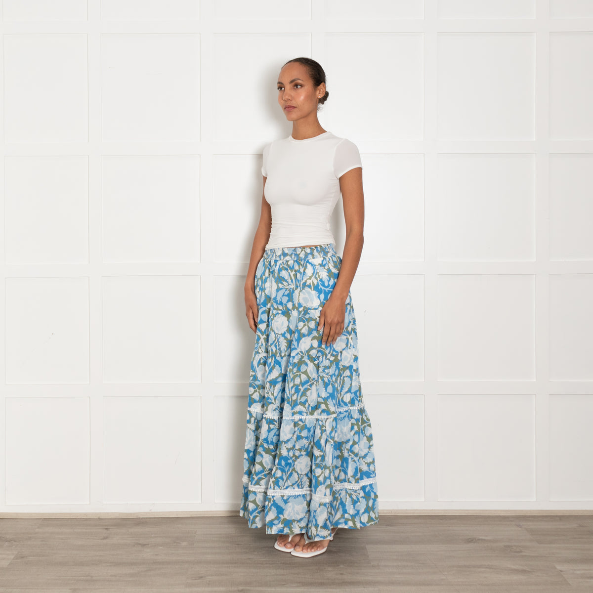 Me + Em Blue Khaki Floral Tiered Maxi Skirt