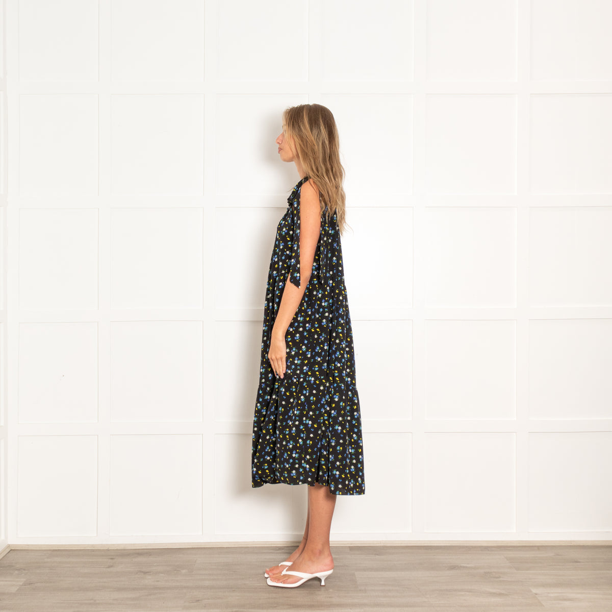 Les Reveries Black With Blue Yellow Floral Print Tiered Midi Dress With Shoulder Ties