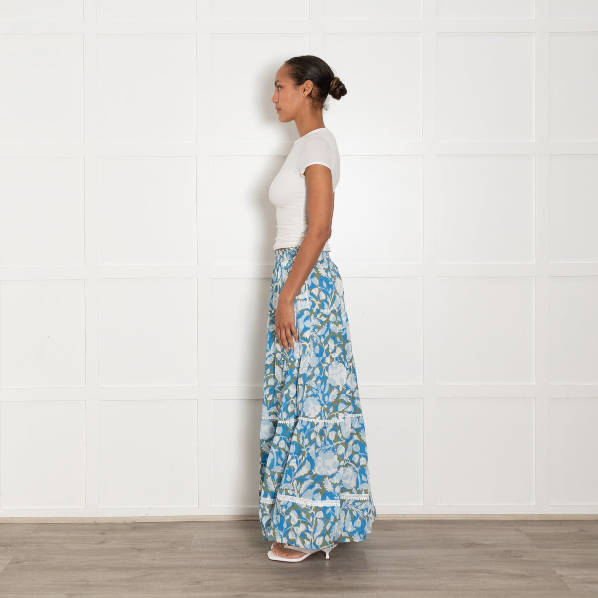 Me + Em Blue Khaki Floral Tiered Maxi Skirt