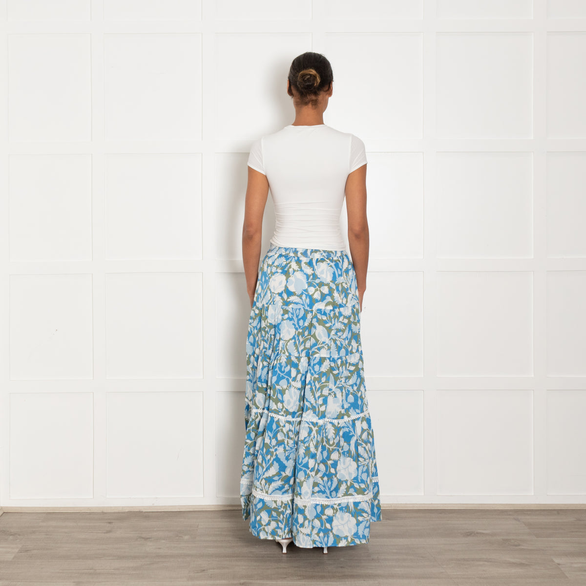 Me + Em Blue Khaki Floral Tiered Maxi Skirt