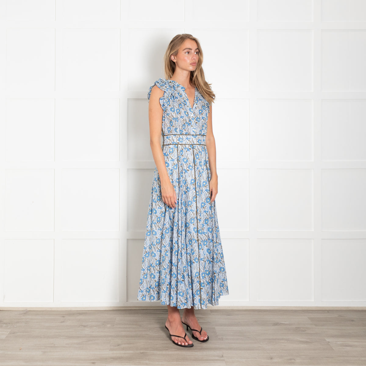 Me + Em Blue And Khaki Garden Print Maxi Dress
