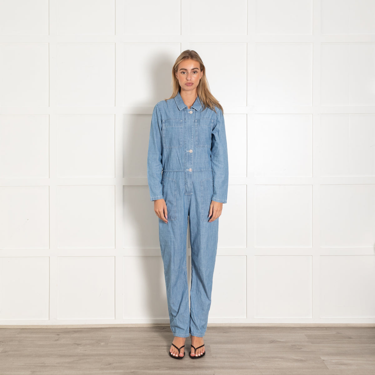 Ba&sh Light Blue Denim Zipped Long-Sleeved Jumpsuit