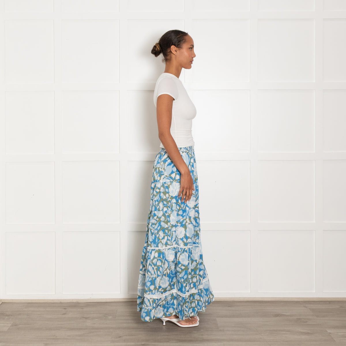 Me + Em Blue Khaki Floral Tiered Maxi Skirt