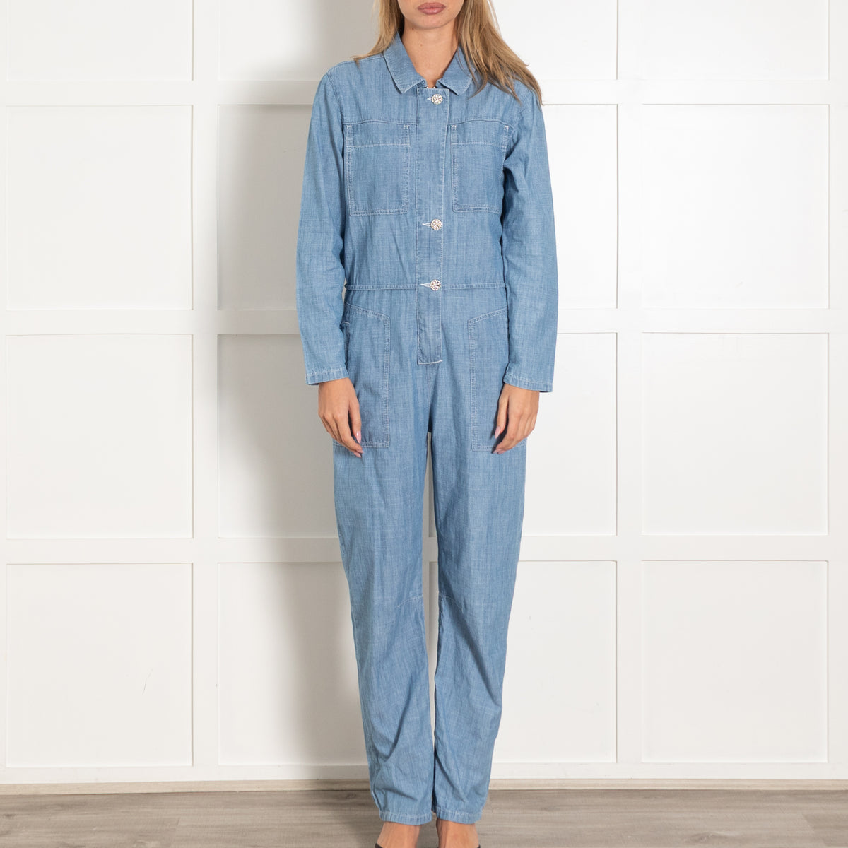 Ba&sh Light Blue Denim Zipped Long-Sleeved Jumpsuit