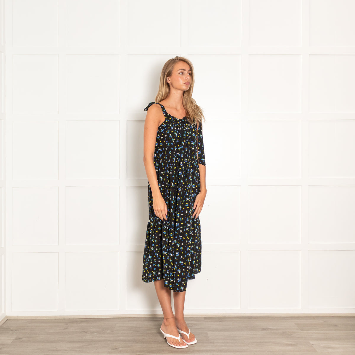 Les Reveries Black With Blue Yellow Floral Print Tiered Midi Dress With Shoulder Ties