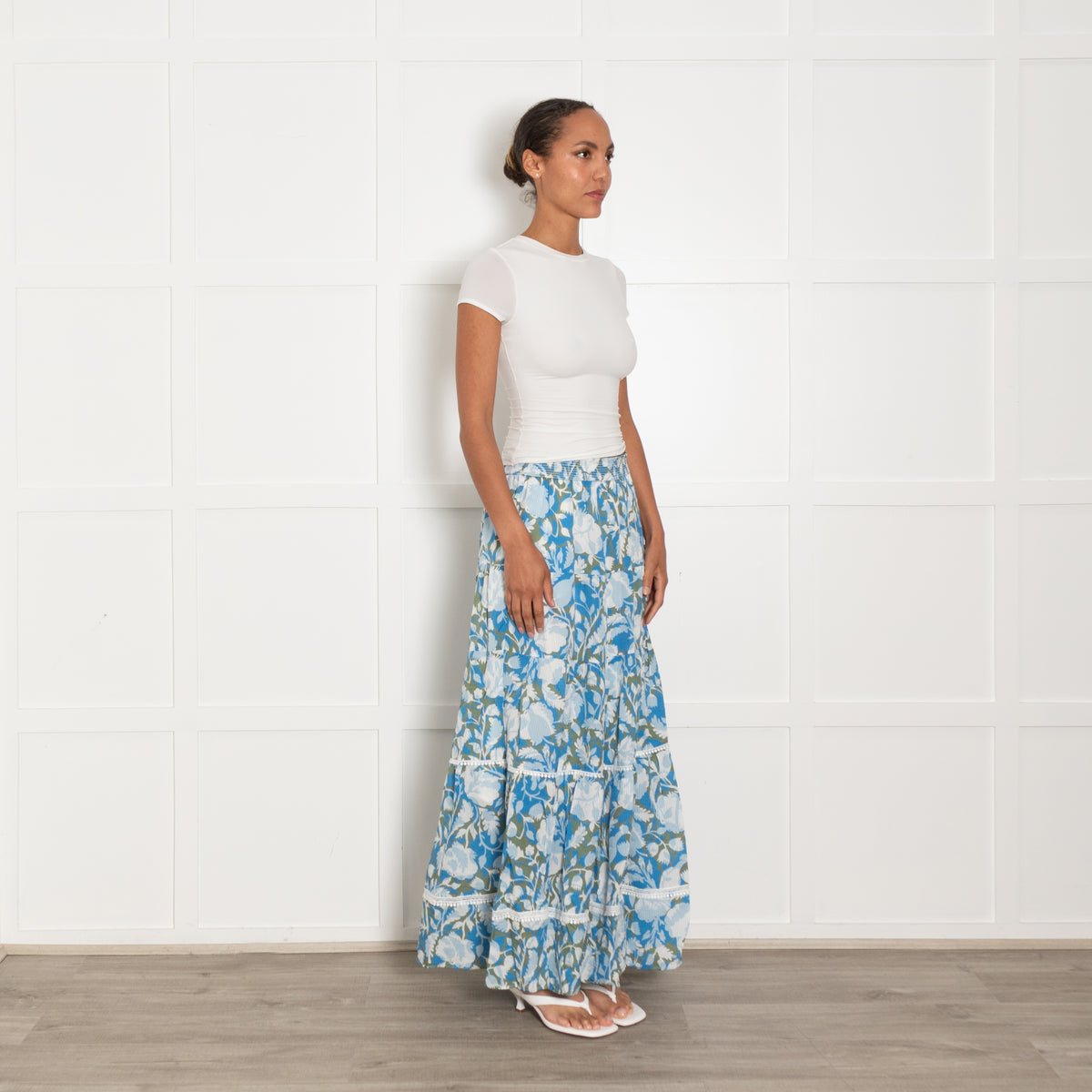 Me + Em Blue Khaki Floral Tiered Maxi Skirt