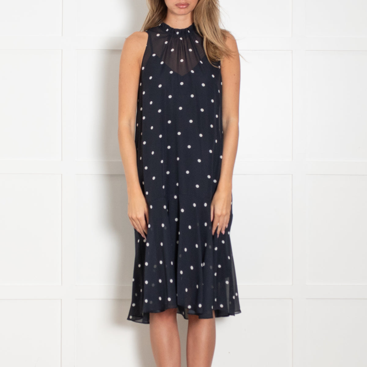 Me + Em Navy With White Polka Dot Sleeveless Dress