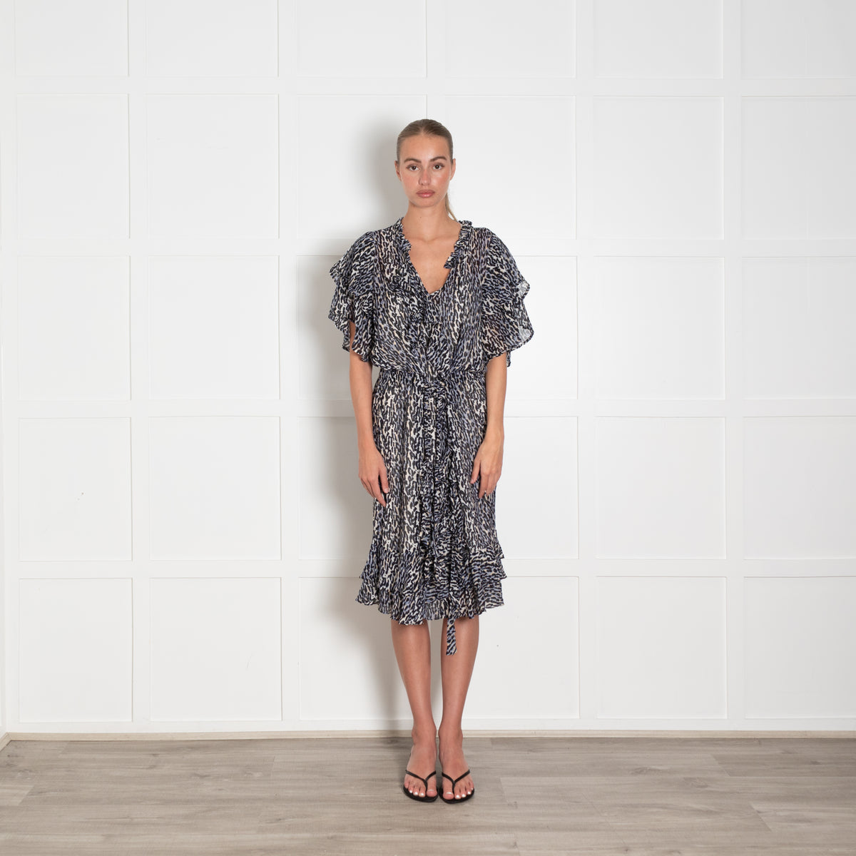 Munthe Cream Black Blue Animal Print Frill Detail Belted Dress