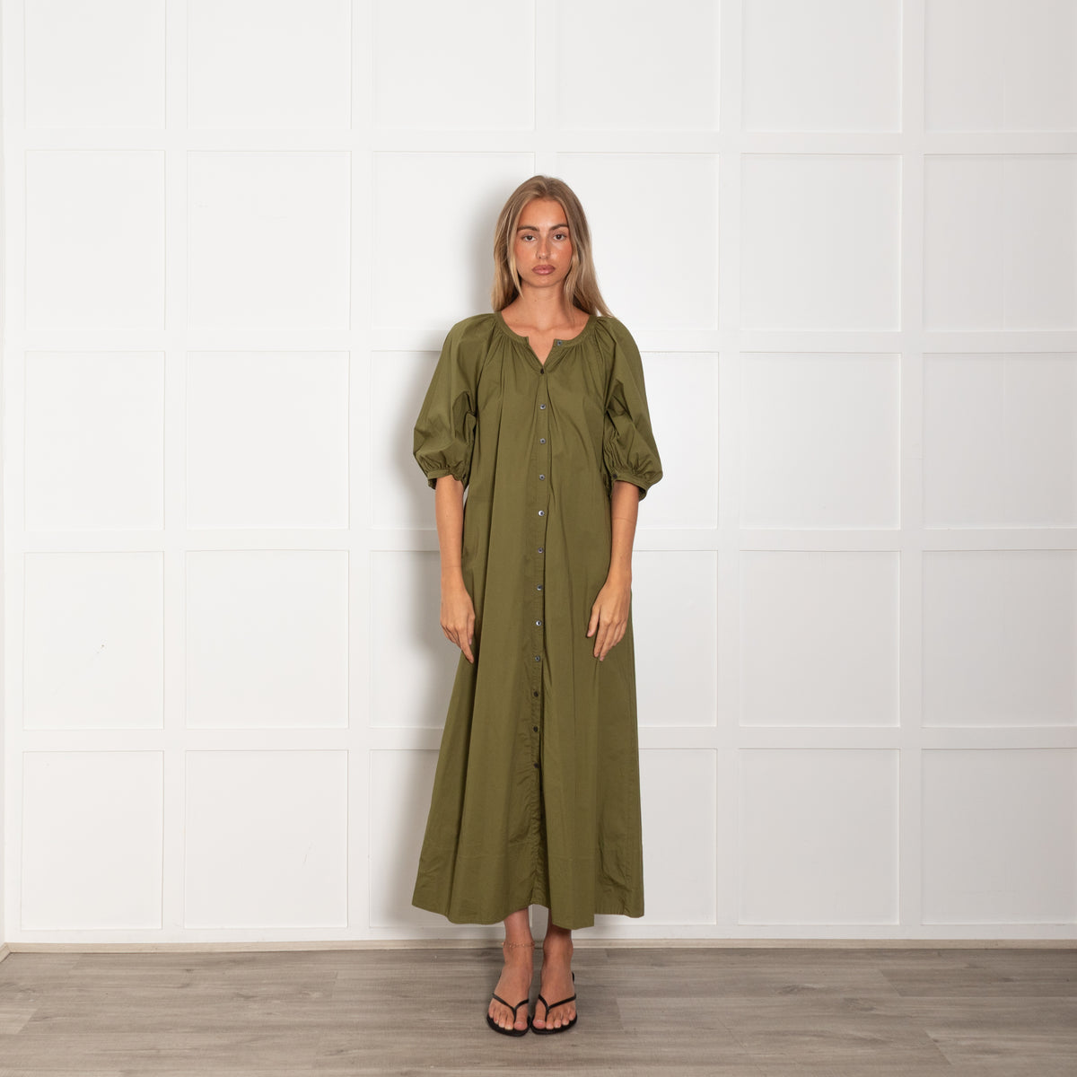 Staud Green Cotton Puff Sleeve Maxi Dress
