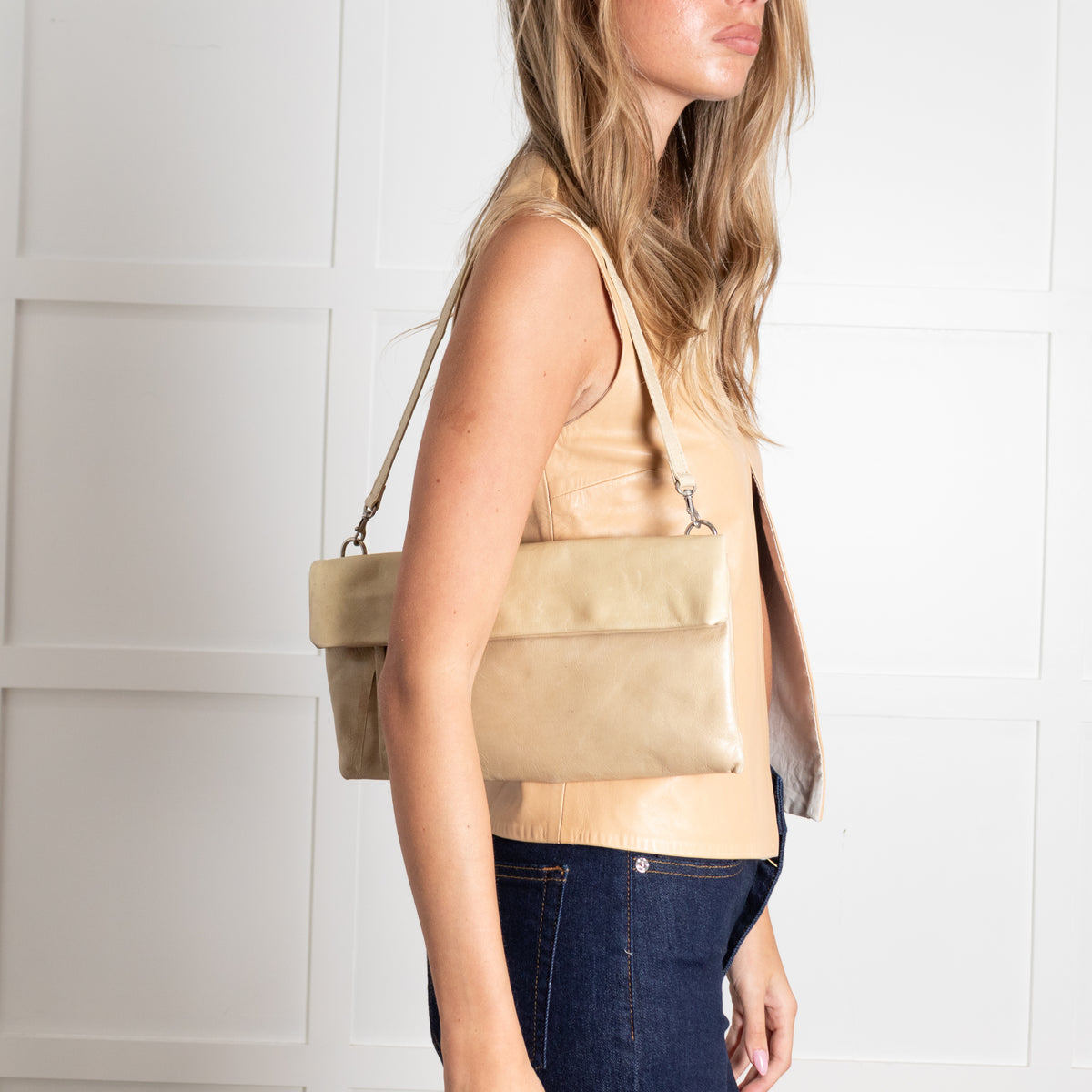 Gianni Chiarini Beige Leather Clutch with Removable Strap