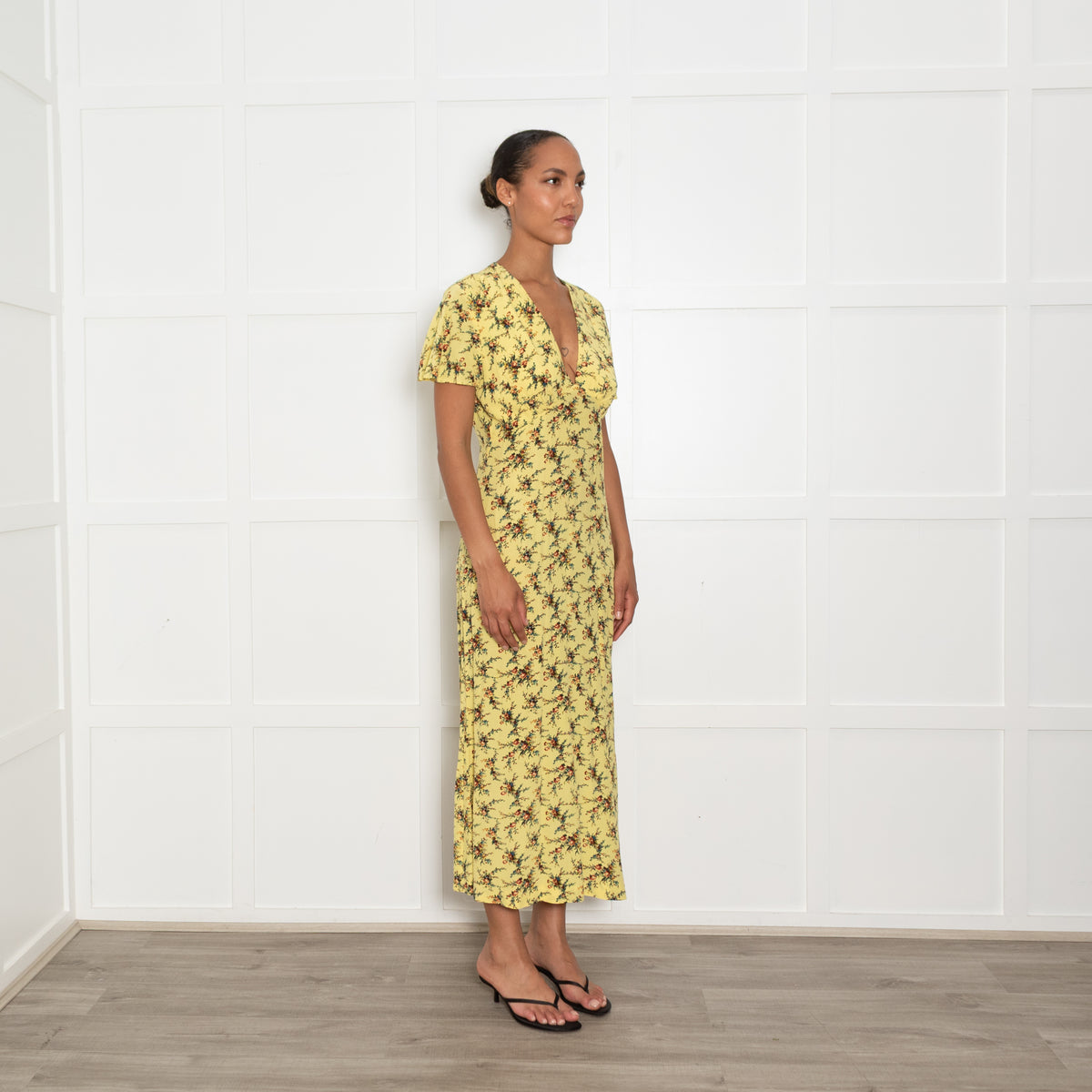Sandro Yellow Floral Tea Dress with Cap Sleeves