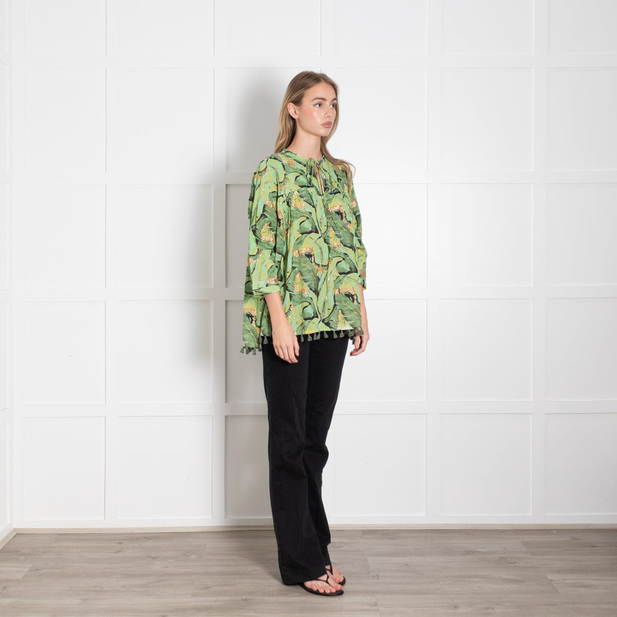 Rose & Rose Green Cotton Leaf Print Top with Gold Embellisment