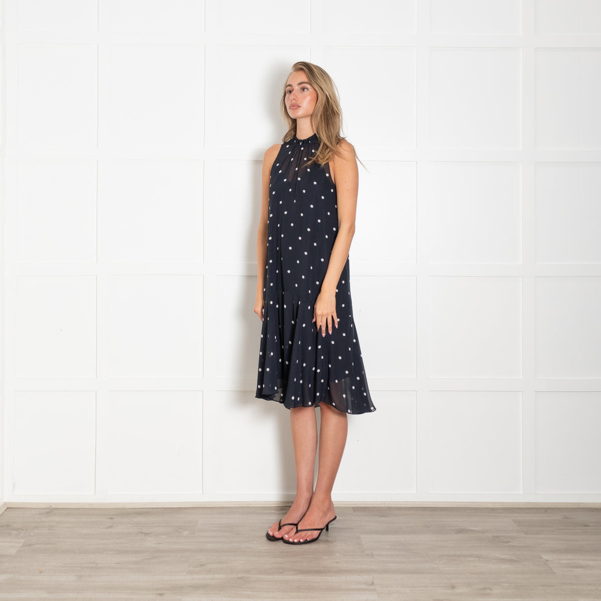Me + Em Navy With White Polka Dot Sleeveless Dress