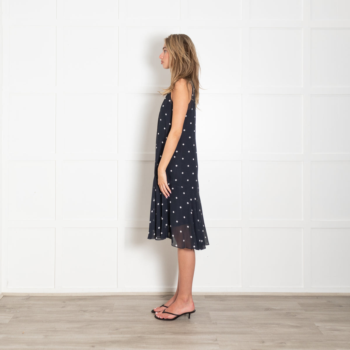 Me + Em Navy With White Polka Dot Sleeveless Dress