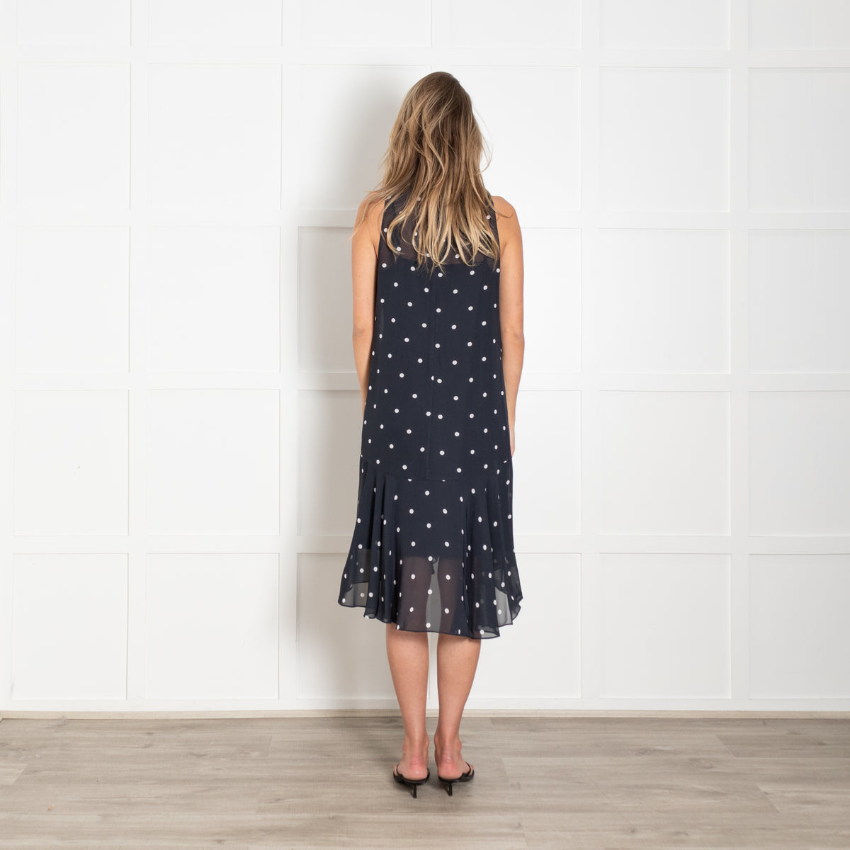 Me + Em Navy With White Polka Dot Sleeveless Dress