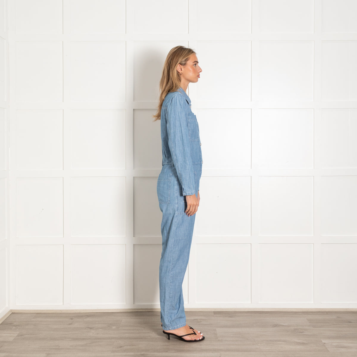 Ba&sh Light Blue Denim Zipped Long-Sleeved Jumpsuit