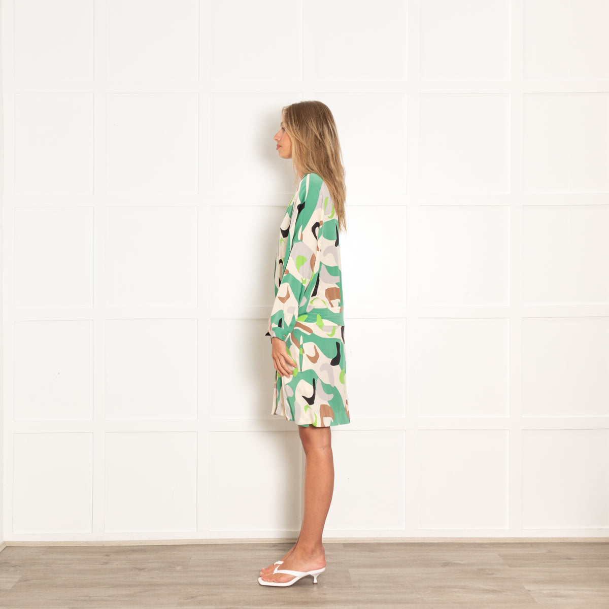 Diane Von Furstenberg Cream Silk Shirt Tie Waist Patterned Midi Dress