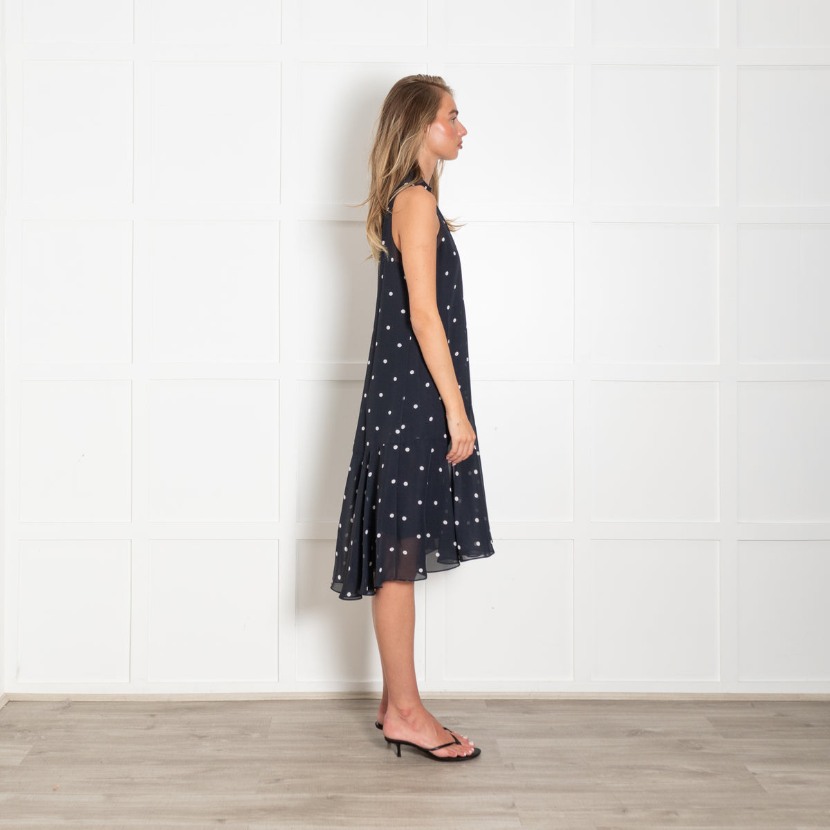 Me + Em Navy With White Polka Dot Sleeveless Dress