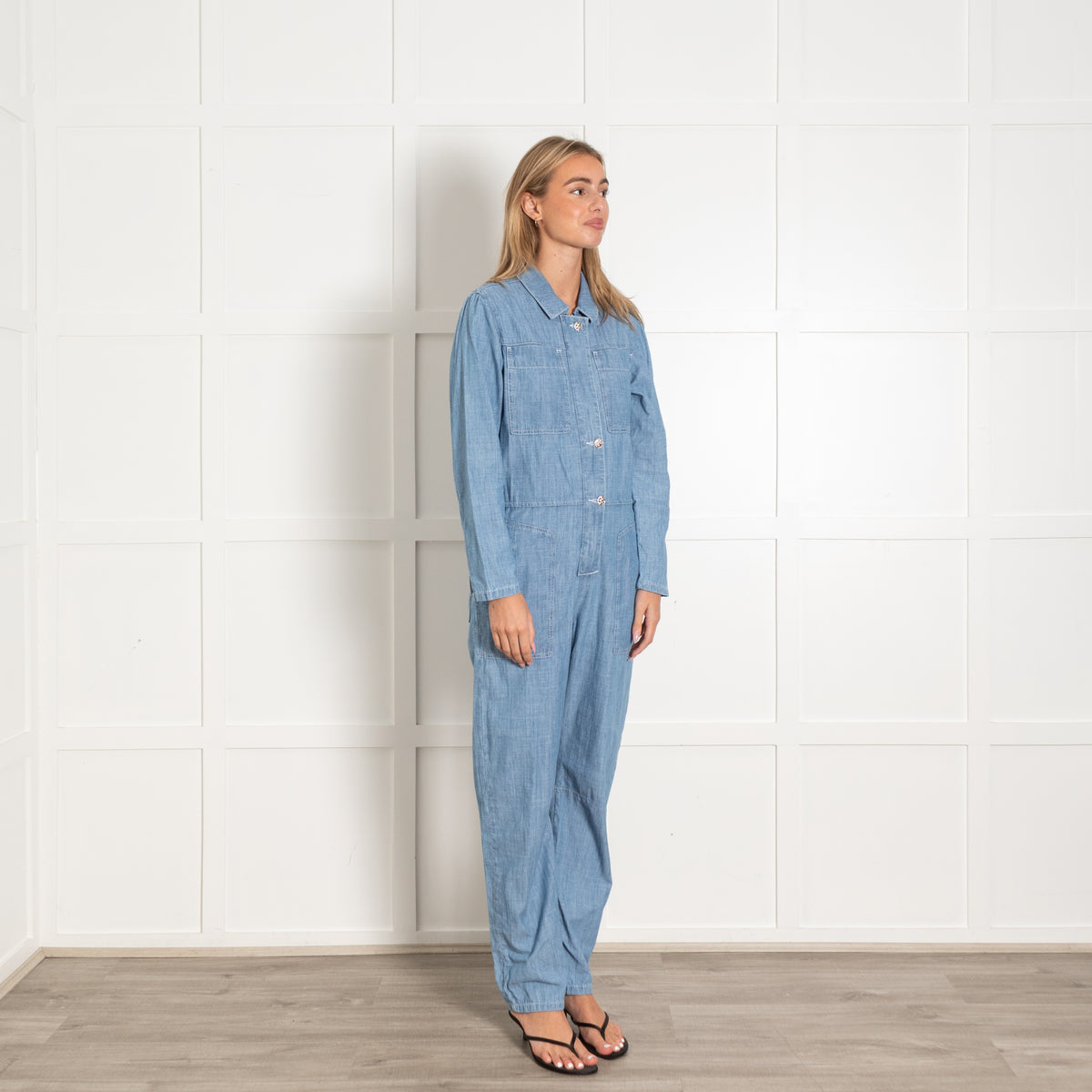 Ba&sh Light Blue Denim Zipped Long-Sleeved Jumpsuit