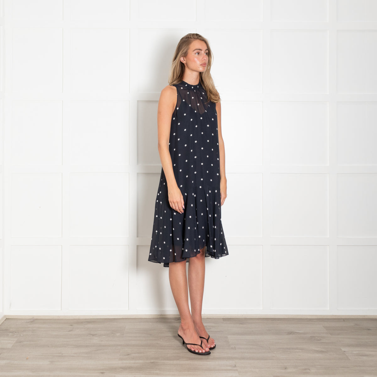 Me + Em Navy With White Polka Dot Sleeveless Dress