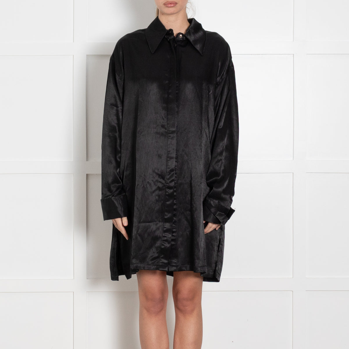 A Perfect Nomad Black  Cotton & Hemp 'Satin' Shirt Dress